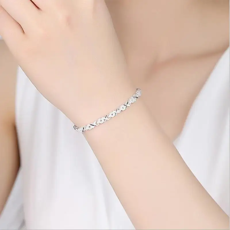 

Top Quality 925 Sterling Silver Bracelets For Women Wedding Accessories Lady Fahsion Zircon Geometric Bracelet Girl Gift
