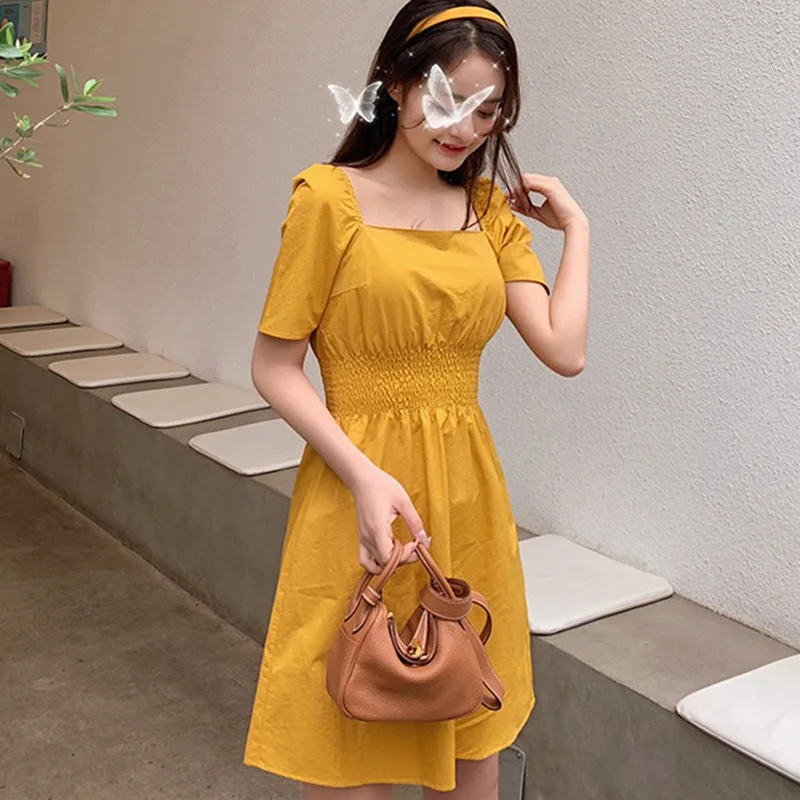

Summer Women Simple French Square Collar Short-sleeved Solid Color Temperament Slim Waist Short Dress