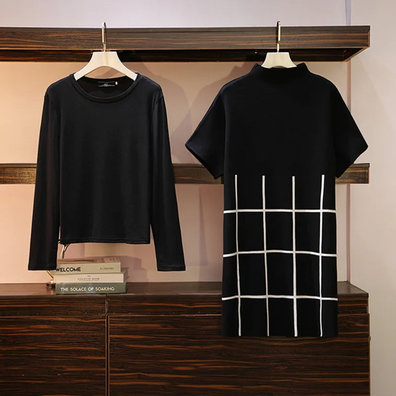 Осенний модный элегантный свитер комплект с платьем водолазка клетчатое