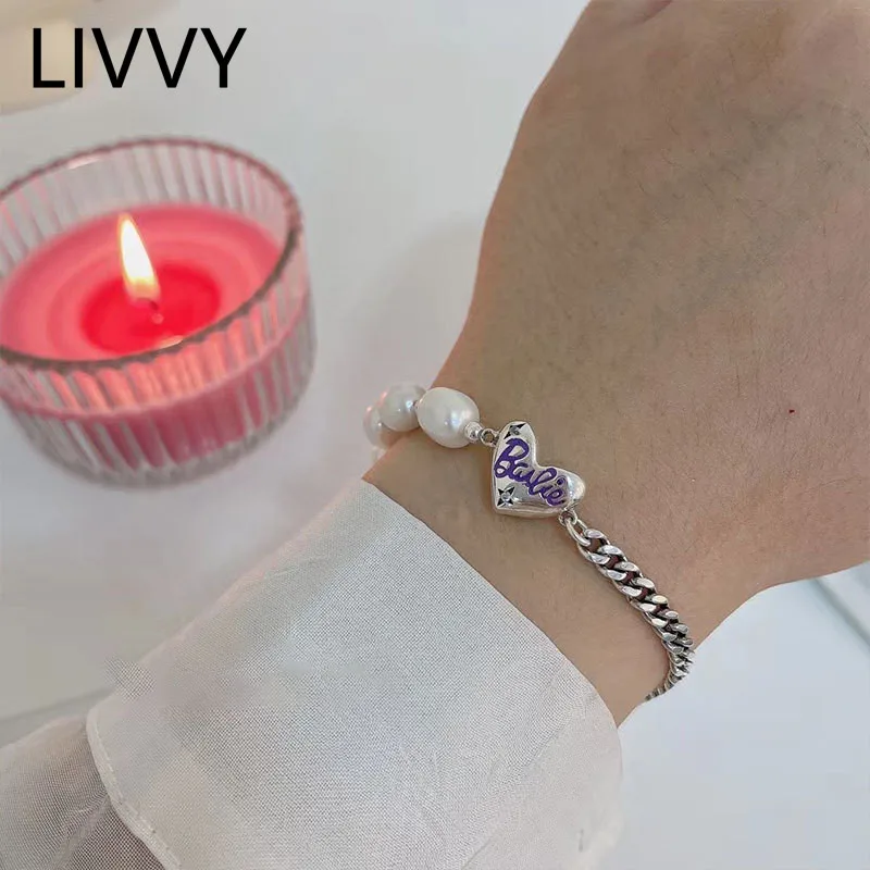 

LIVVY New Arrival Pearl LOVE Heart -Shape Letter Silver Color Bracelet for Women Elegant Adjustable Jewelry Party Gifts