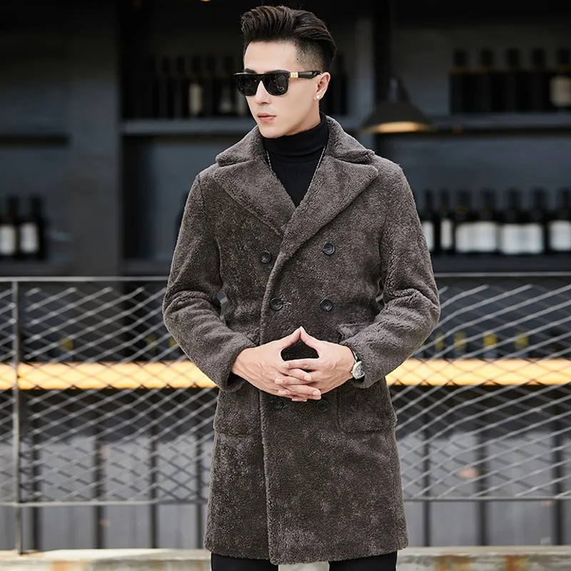 

Mens Double Winter Breasted Long Real Fur Jacket Slim Fit Warm Shearling Overcoat Reversible Office Man Warm Wool Outerwear Coat