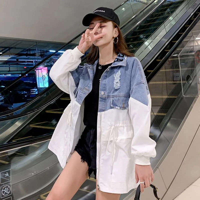 Женская джинсовая ветровка на завязках повседневное Свободное пальто