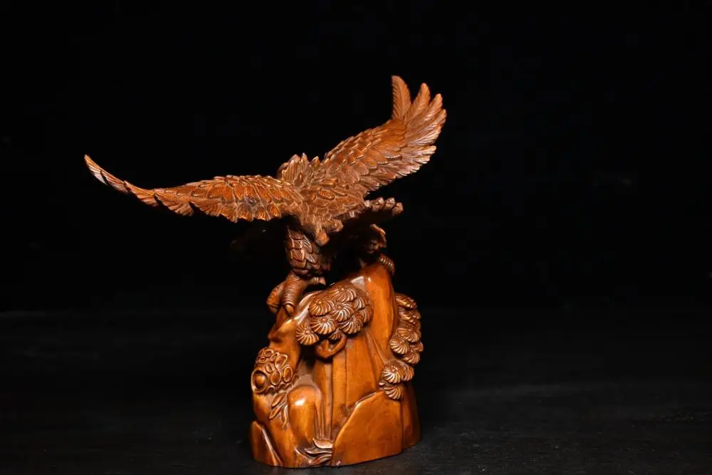 

6" China Collection Old Boxwood Eagle statue Eagle spreads its wings Implication Grand plans Pengcheng Wanli