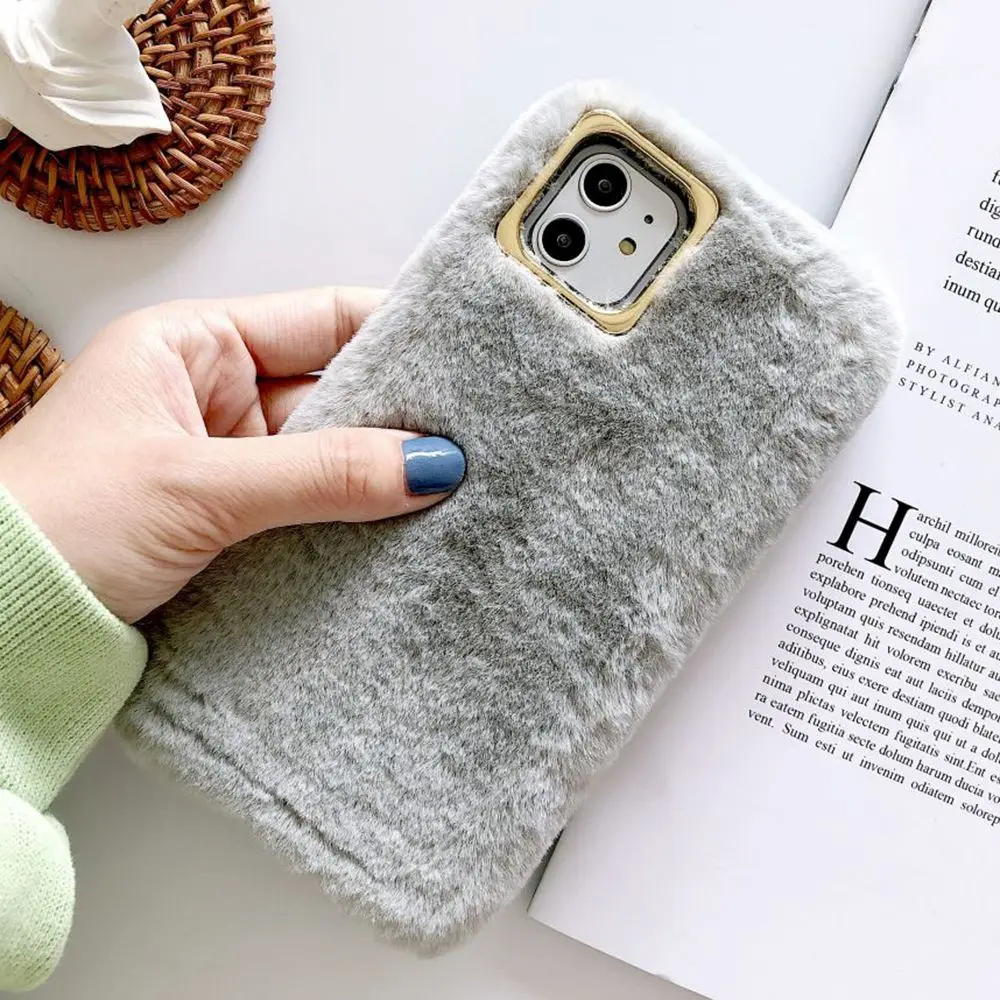 Fluffy Warm Fur Cover Phone Case for IPhone 11 Pro Max XS XR 8 7 6 6S Plus Cute Soft Silicone Solid Color Slim Protective 