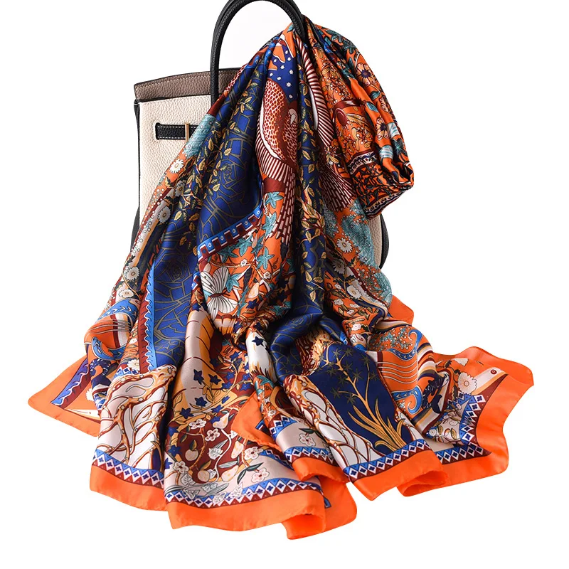 

2021 New Silk Satin Scarf Women Large Shawls Pashmina Luxury Brand Tree Print Beach Hijab Spring Autumn Women Scarves Headscarf