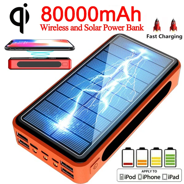 80000mAh Солнечная энергия Банк Быстрое беспроводное зарядное устройство Qi