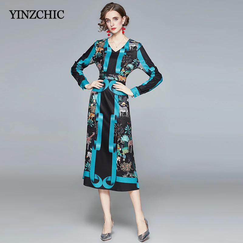 

New Spring Woman A-line Dress V-neck Female Vintage Print Skirt for Office Lady Full Sleeve Vestidos Femme Casual Midi Dresses