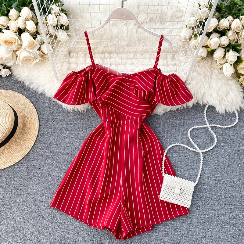 Женский комбинезон в полоску летний облегающий пляжный с рукавами спагетти и