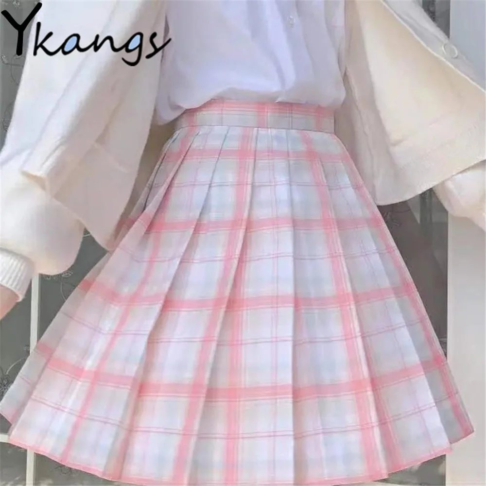 

Japanese Preppy Style JK Kawaii Vitality Girl Clothing Pink Plaid Korean High-Waist Pleated A-Line Short Skirt Cute Sweet Summer