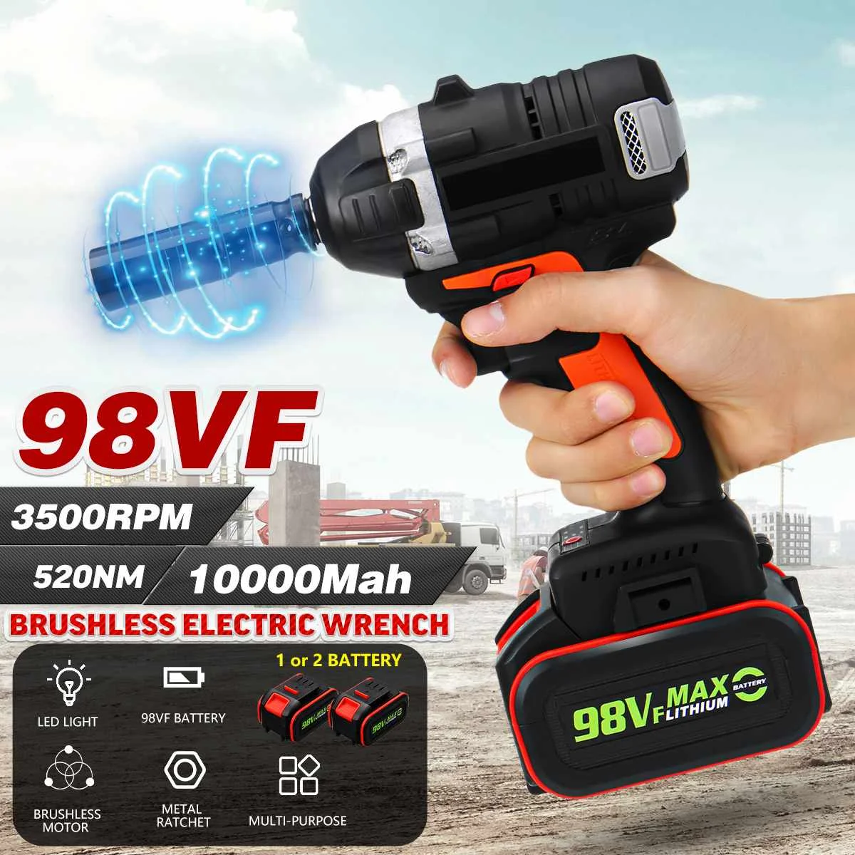 

520Nm 98VF бесщеточный беспроводной ключ электрическая розетка ударный гайковерт 10000 мАч литий-ионная Батарея Мощность ящик для инструментов