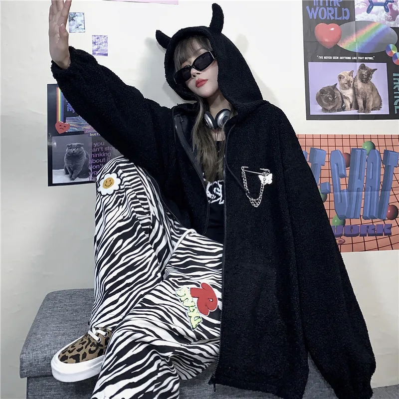 Ruibbit/осенне зимняя женская Толстовка Harajuku в стиле панк готика черный дьявол