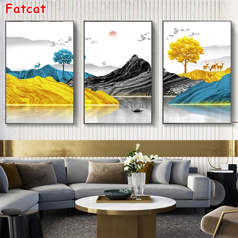 

Алмазная вышивка в скандинавском стиле пейзаж золотая птица и Камень алмазная живопись полная мозаика вышивка крестиком искусство 3 шт. PP2017