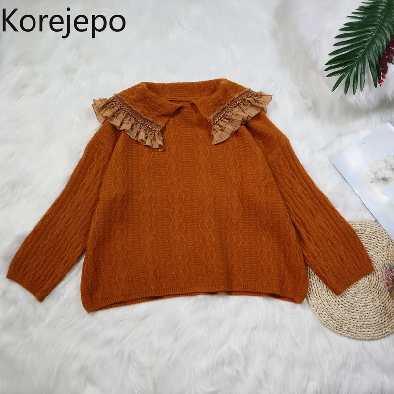 

Женский свитер с кукольным воротником кореjepo, пуловер, новинка сезона осень-зима 2021, милый Вязаный топ свободного кроя в японском стиле