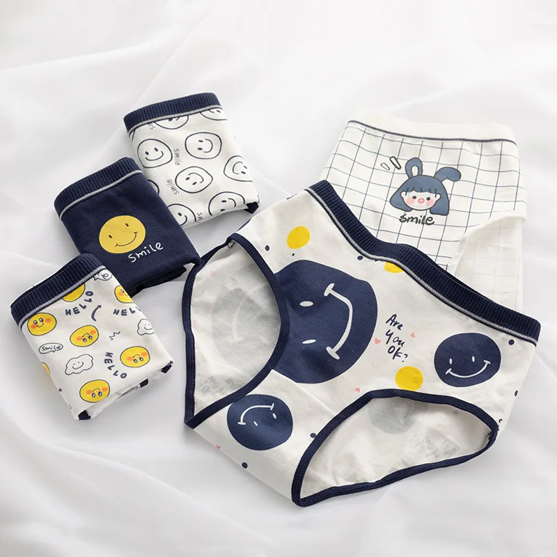

Navy Blue Smiling Face Women's Cotton Underwear Japanese Cartoon Printing Waist Girl Breathable Antibacterial BriefsPanties