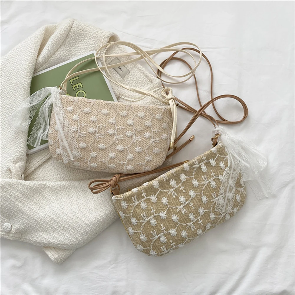 

Women Simple Lace Woven Shoulder Messenger Bags Fashion Flower Embroidery Ladies Casual Summer Beach Small Crossbody Handbags