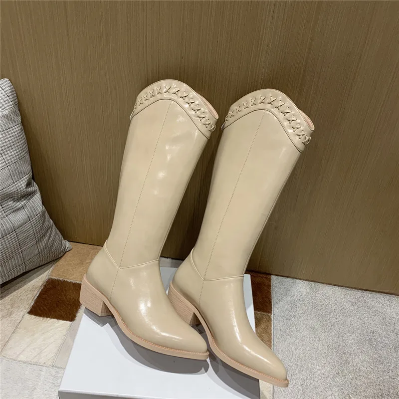 

MEMUNIA 2021 Quality Genuine Leather Knee High Boots Women Pointed Toe Autumn Winter Casual Shoes Women Cowboy Western Boots