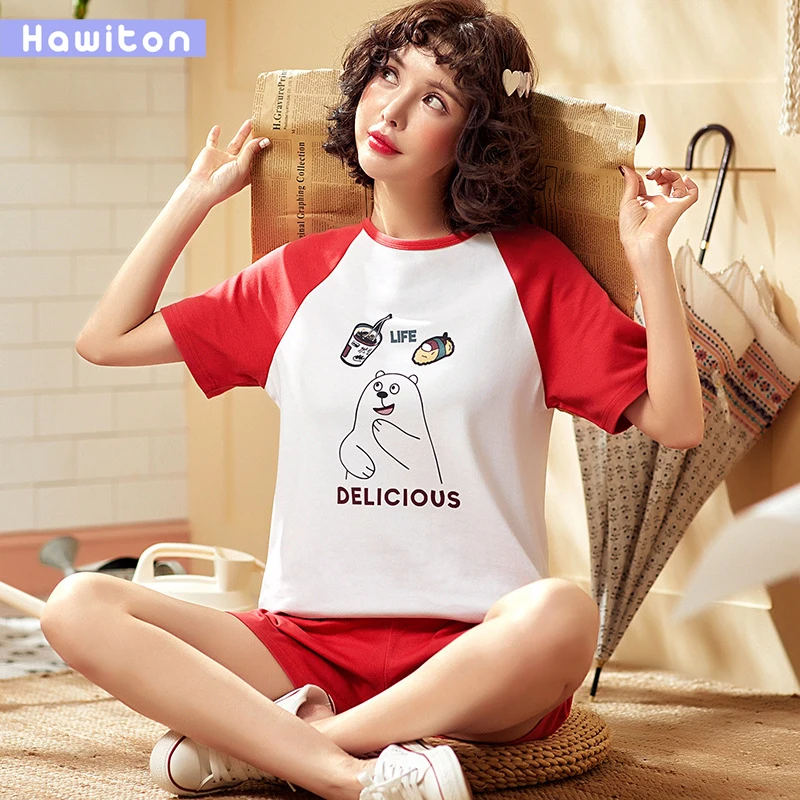 Hawiton/Хлопковая пижама с дизайном панда Летний милый женский короткий Пижамный
