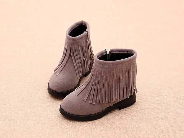 gray thick plush Новые Осенние Теплые школьные ботинки с бахромой для больших детей кожаные ботинки для девочек зимняя водонепроницаемая детская зимняя обувь для детей 4, 5, 6, 7, 8, 9, 10, 11, 12 лет - Цвет: gray thick plush