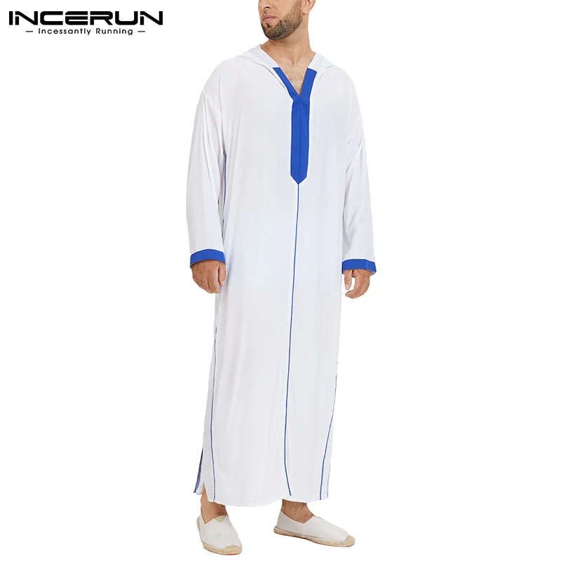 

INCERUN Men Muslim Kaftan Islamic Arabic Robes Hooded Patchwork Dubai Middle East Caftan Casual Long Sleeve Men Jubba Thobe 5XL