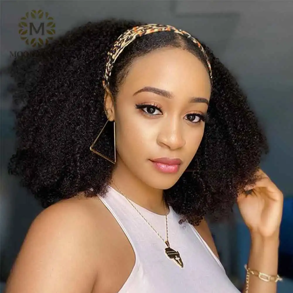 Afro Kinky Curly Wig Human Hair Headband No Lace Full Wigs Glueless Peruvian Frontal | Шиньоны и парики