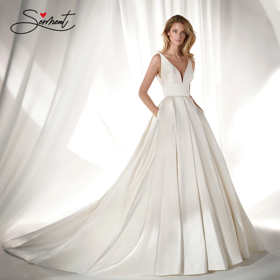 

BAZIIINGAAA Luxury Wedding Dress Simple Organza Satin V-neck White Wedding Dress Sleeveless Backless Support Tailor-made