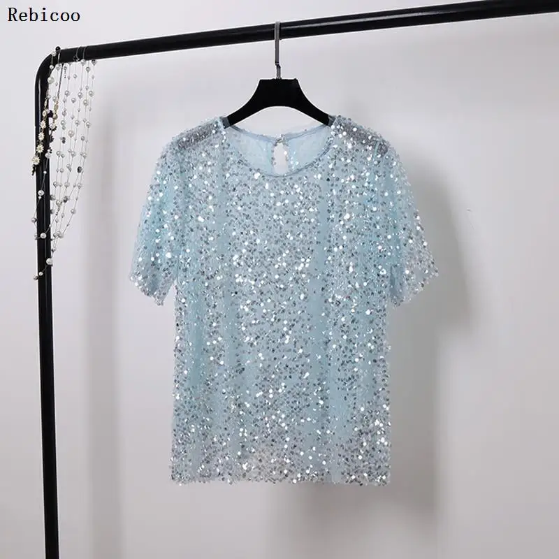 Летние топы для женщин модная футболка с блестками свободная коротким рукавом