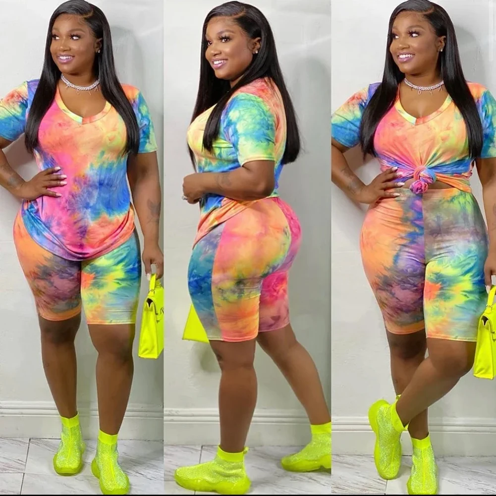 

Tie Dye Sport Suits Sets Women 2Pieces Plus Size Tracksuit Fashion Short Sleeve T-Shirt+Biker Shorts Female Active Wear XL-4XL