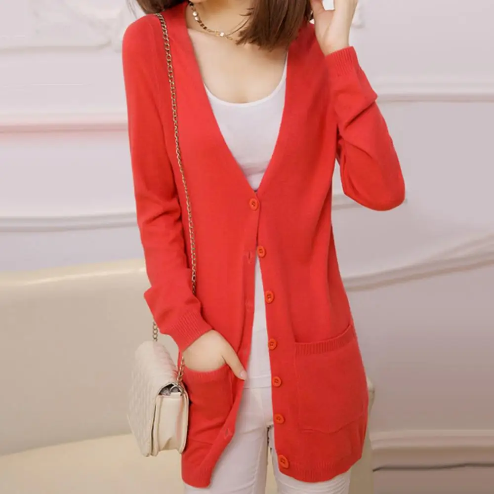 Женский Теплый однотонный кардиган с пуговицами размера плюс тонкое трикотажное