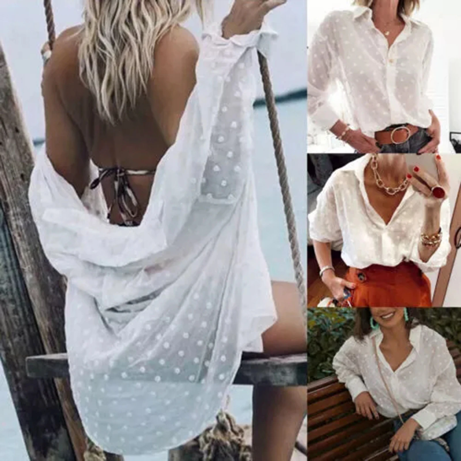 

Fashion Womens Polka Dot Shirts Tops Polka Dot Long Sleeve Blouses White OL Shirt Ladies chemise femme blusa feminina Streetwear