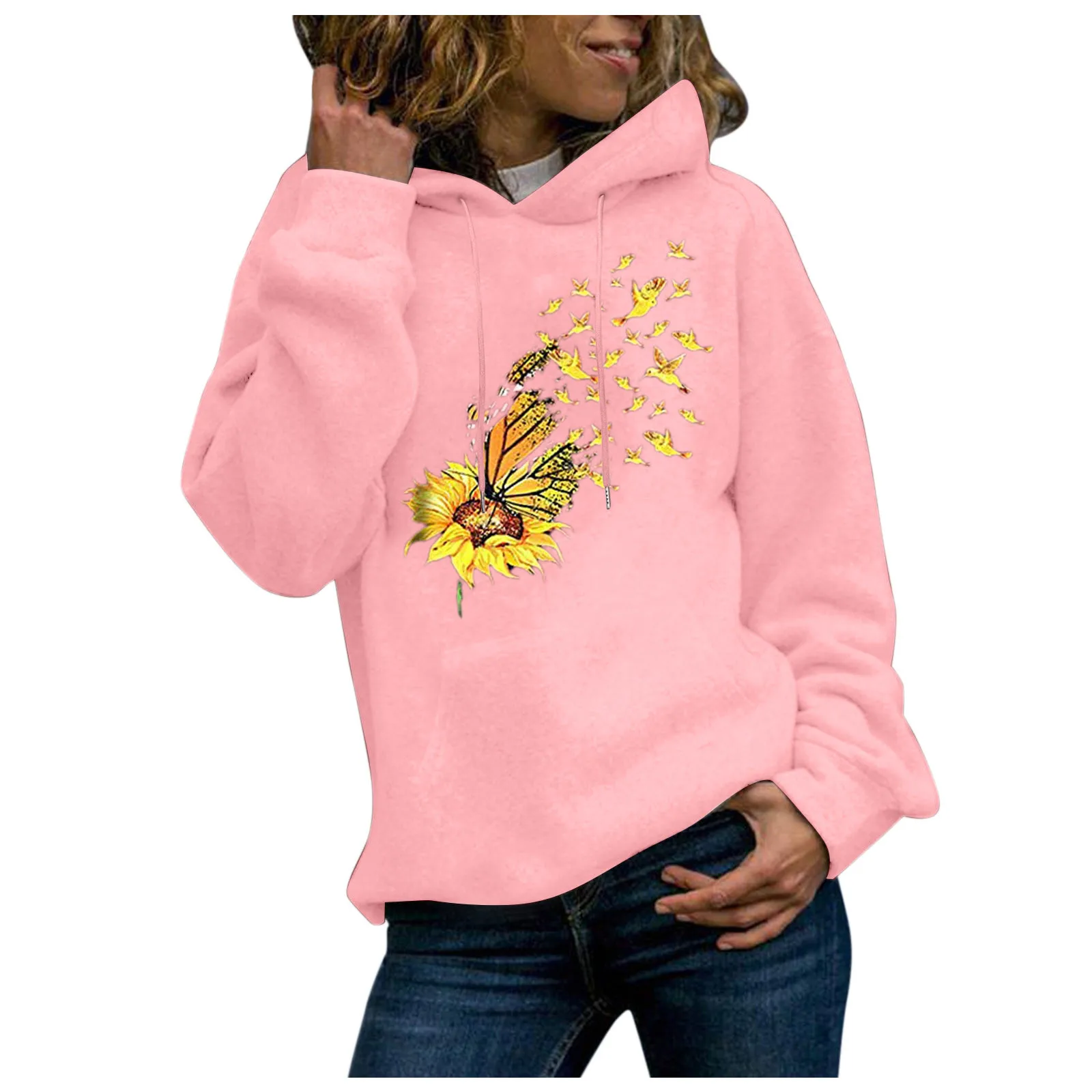 59# Womens Flower Print Long Sleeve Hoodie Sweatshirt Streetwear Hooded Pullover Tops Blouse Sudaderas Mujer Moleton Feminino