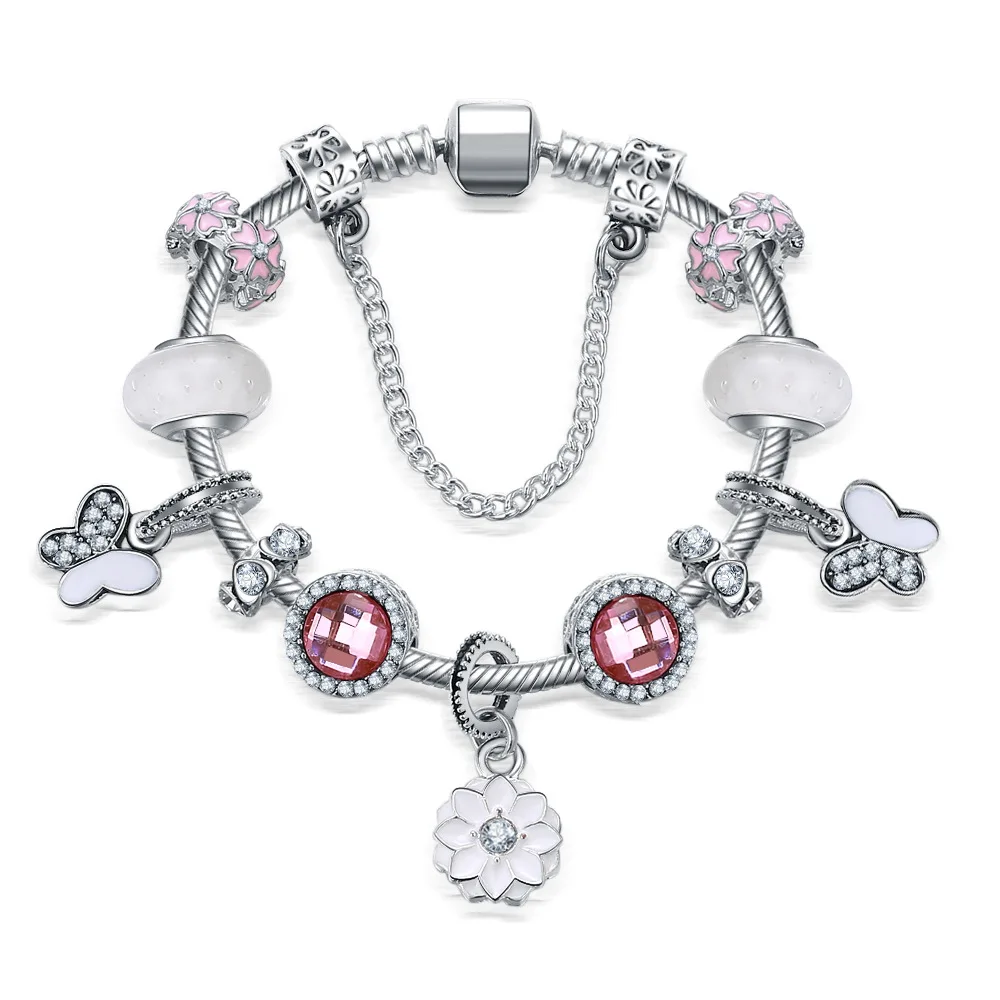 Роскошная розовая Подвеска со стразами в виде цветка pandora Браслеты и браслеты
