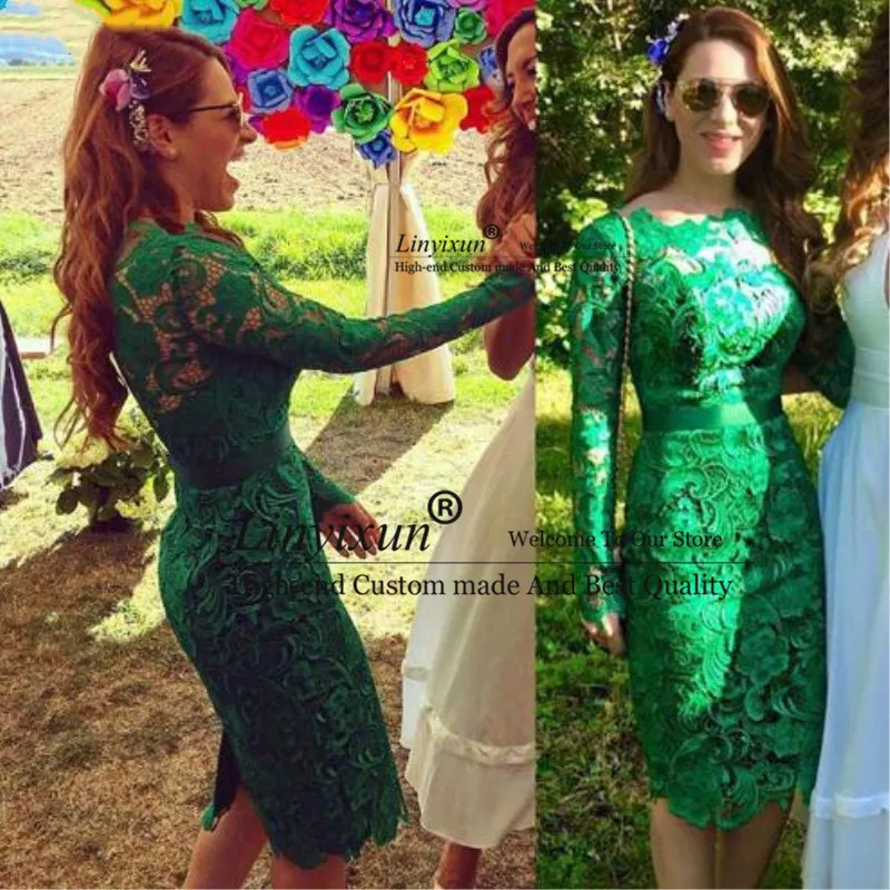 

Elegant 2020 Green Cocktail Dress High Neck Knee Length Formal Prom Dress Lace Long Sleeves Short Homecoming Dresses Custom Made