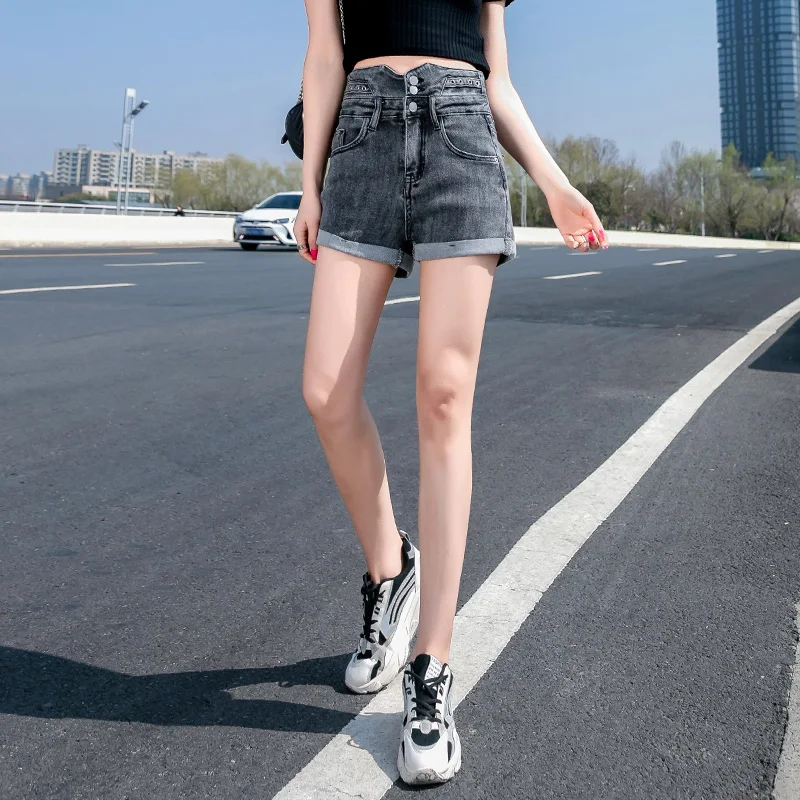 Zoenova Slim Taille Haute Short En Jean D'été Décontracté Multi-boutons Jolie Fille Short de Cyclisme 2021 Basique Mode Vêtements Pour Femmes