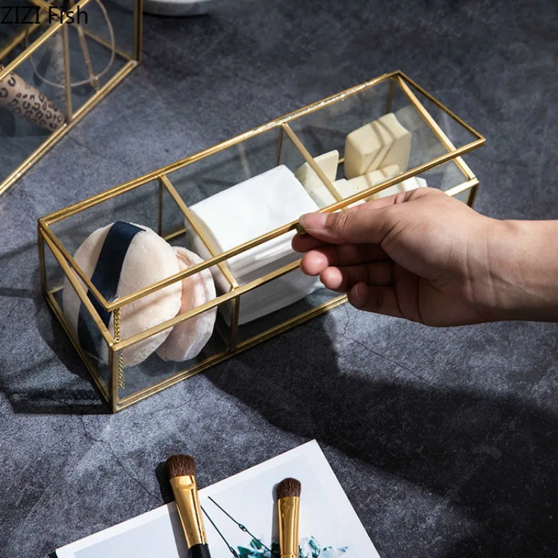 Стеклянная коробка для хранения косметики с медными краями губная помада маска