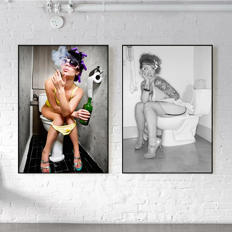 

Toilet Sexy Woman Man Smoking and Drinking Black White Canvas Painting Poster Prints Wall Art Picture Cuadros for Living Room