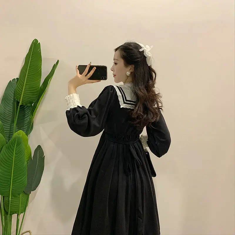 Gothic Lolita Retro Hepburn style little black dress super fairy navy collar ruffled dress long sleeve princess dress kawaii images - 6