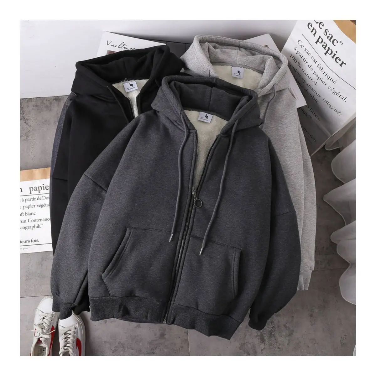 

Autumn and Winter Lamb Wool Coat for Men and Women Korean Loose Plush Thickened Long Sleeves Hoodie Zipper Casual Cardigan Top
