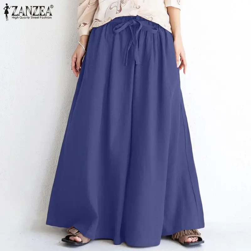 

ZANZEA Wide Leg Palazzo Vintage Retro Pants Women Summer Solid Long Pants 2021 Ladies Drawstring Elastic Waist Trousers Pantalon