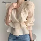 2020 модная женская винтажная шифоновая блузка для похудения с оборками и глубоким v-образным вырезом, шелковая рубашка, однотонная Милая женская рубашка с расклешенными рукавами, 10334