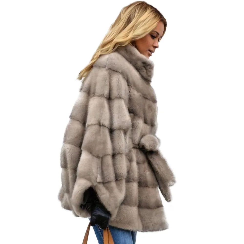 TOPFUR Real Mink Fur Women's Jackets Bat Type Gray Female Soft Fur Coat With Stand Up Collar Fashionable Overcoat Natural