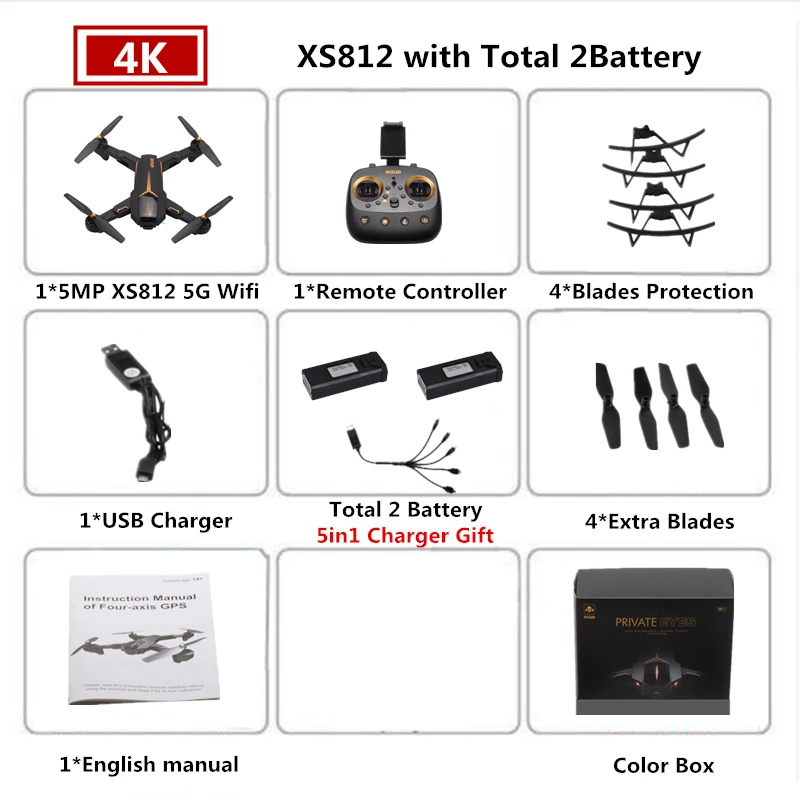 2 Color Box 4K VISUO XS812 Радиоуправляемый Дрон 4K gps Дроны с 5G WiFI FPV камера Вертолет следим за мной складной Квадрокоптер VS F11 SG906 - Цвет: 2 Color Box 4K