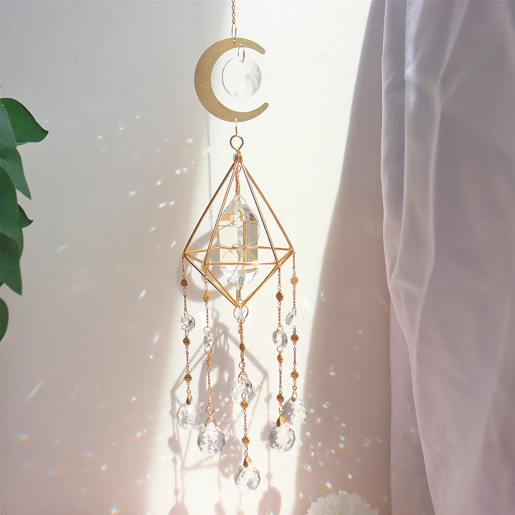 Crystal Windchimes Star Moon Pendant Hexagon Prisms Sun Light Catcher Garden Window Wedding Hanging Drop Home Decor Wind Chime | Дом и сад