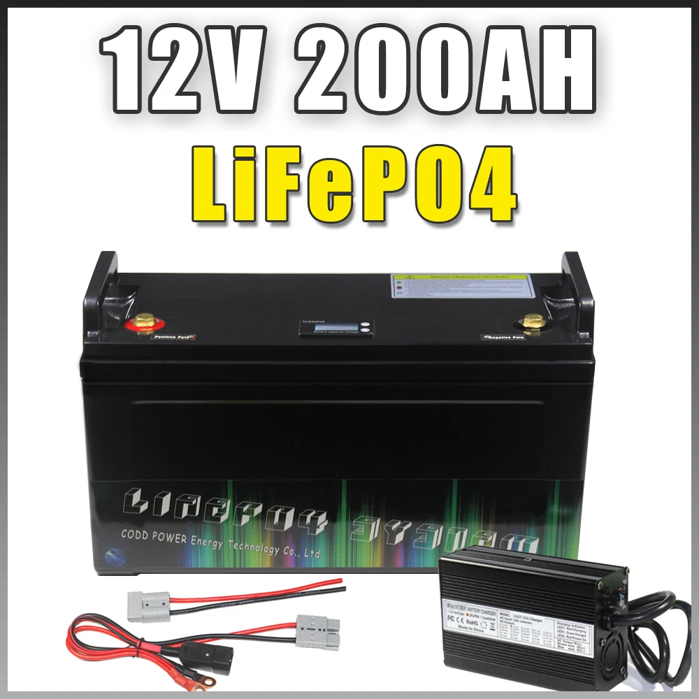 12V 100AH 150AH 200AH LiFePO4 Battery Bluetooth BMS LCD IP68 Waterproof RV Boat Forklift Solar Panel storage 14.6V Charger