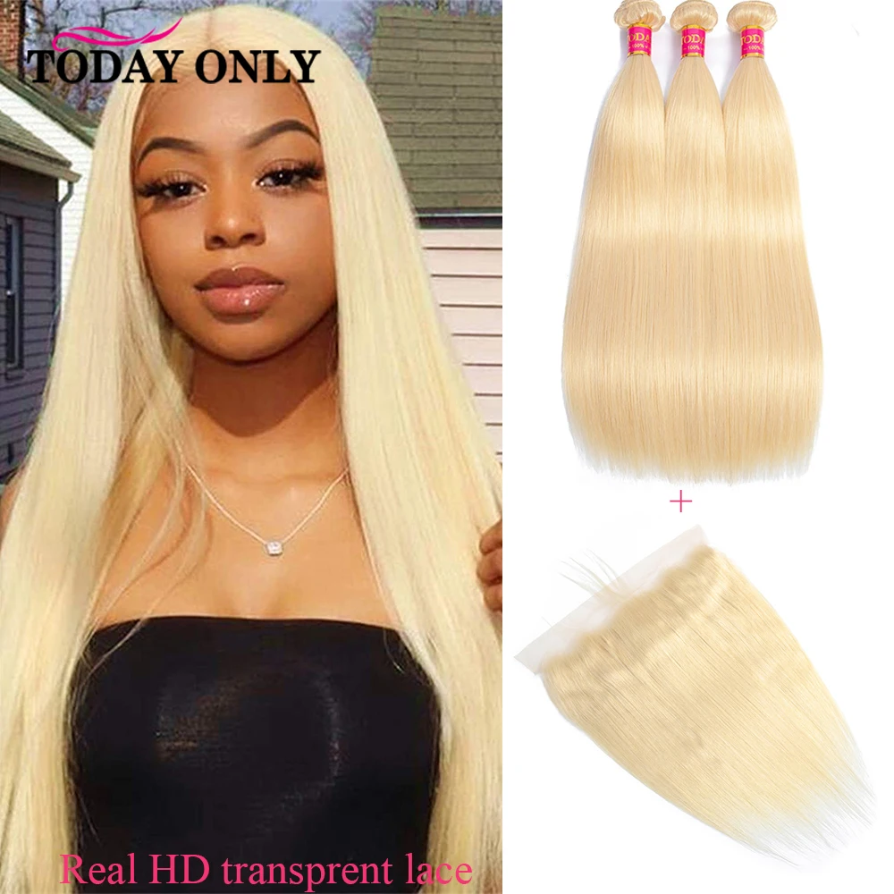 

613 Bundles With Frontal Brazilian Straight Hair 3 Bundles With Closure Remy Blonde Human Hair Bundles With Frontal 13*4 Lace