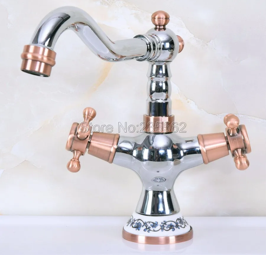 

Chrome Brass & Red Copper Double Cross Handle Deck Mount Bathroom Vanity Sink Faucet Swivel Spout Mixer Tap Lnf901