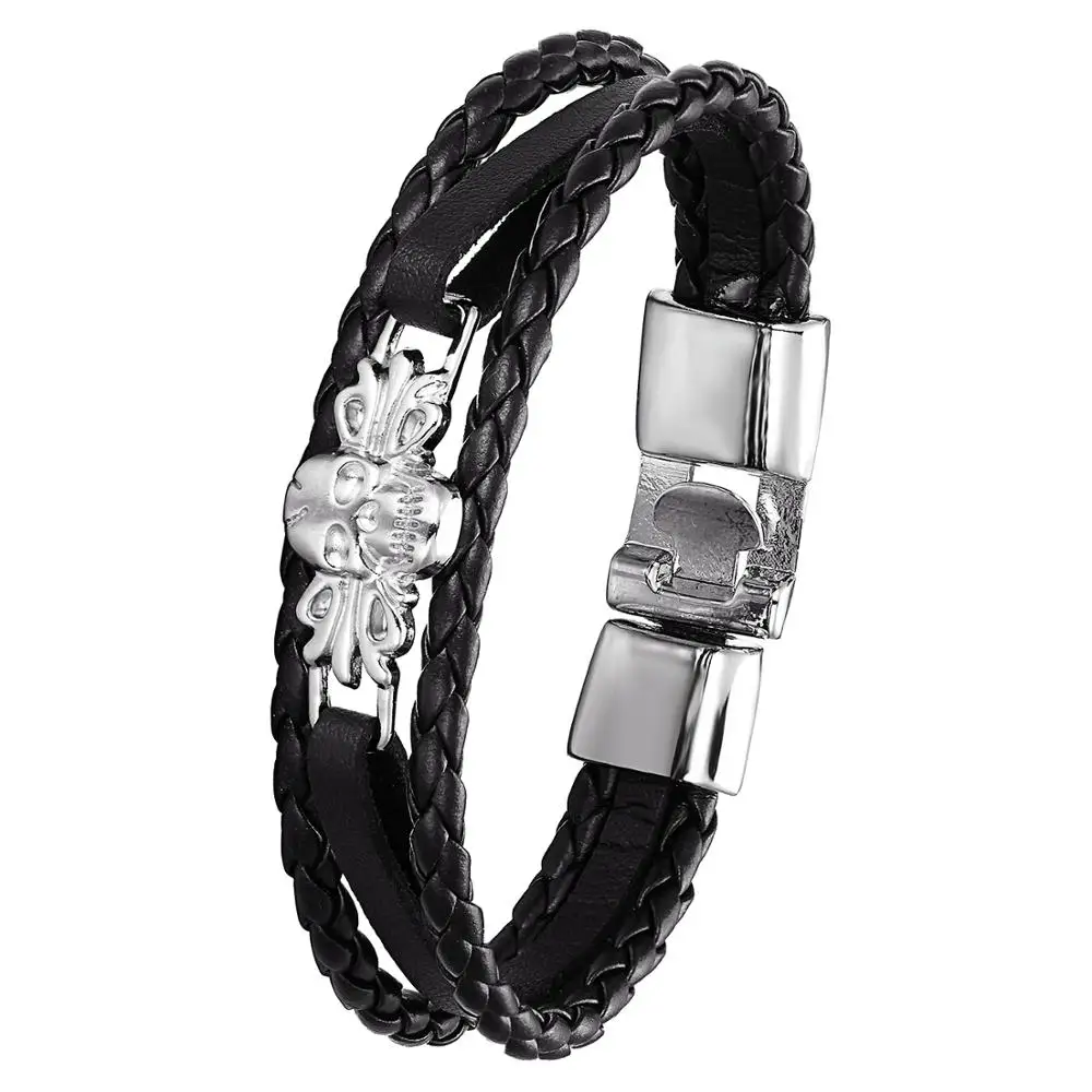 

High Quality Vintage Leather Bracelet Men Skull Charm Multilayer Woven Woman Pulseira Masculina "