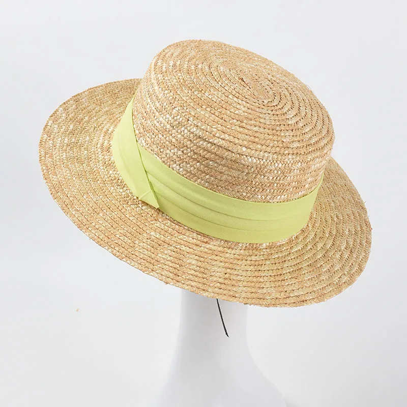 

2022 New Sun Hats Natural Wheat Straw Boater Top Hat Women Summer Beach Flat Brim Cap Ribbon for Holiday Sombreros De So