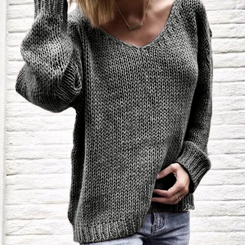 

2020 V Neck Solid Women Sweaters Pullovers Loose Knitted Autumn Winter Clothing Casual Pullovers Plus Size Pull