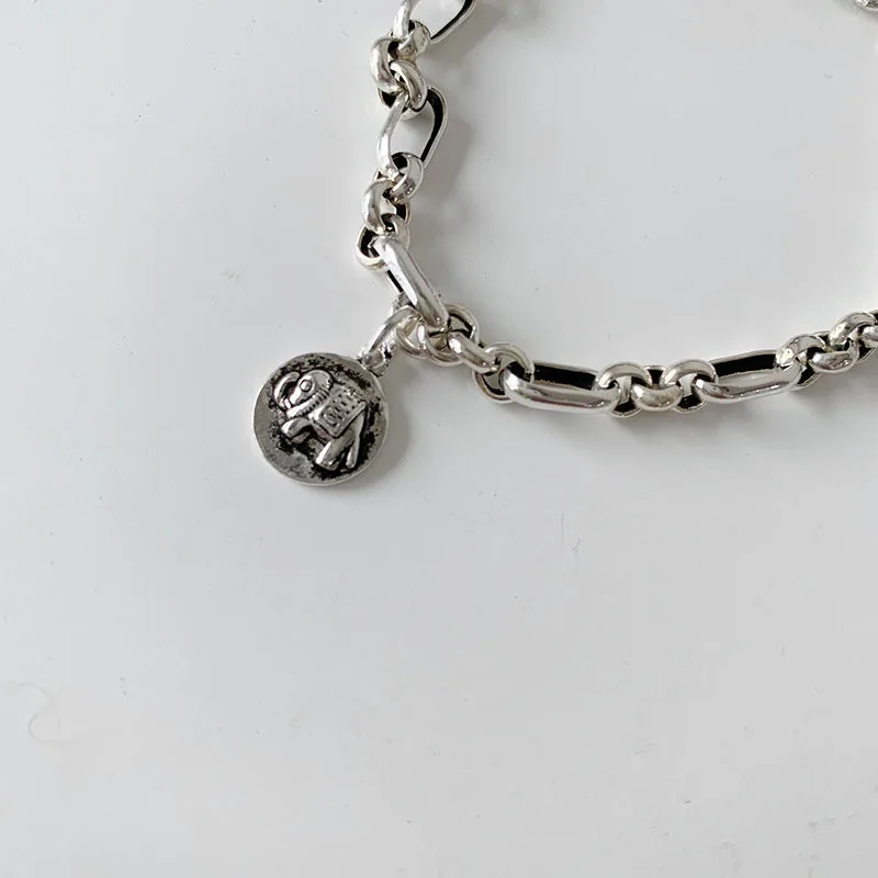 

S925 Silver Vintage Thick Chain Bracelet for Women Men New Fashion Elephant Round Tag Thai Silver Bracelet jewelry