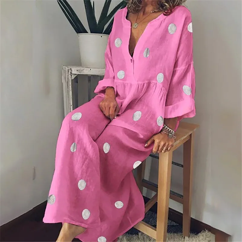 pink LITTHING размера плюс женское летнее повседневное свободное богемное Макси-платье в горошек с длинным рукавом сексуальное пляжное платье с v-образным вырезом винтажное Vestidos - Цвет: pink